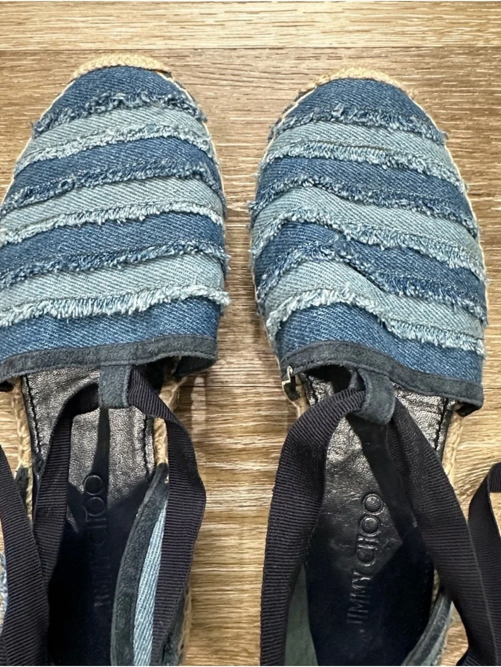 Jimmy Choo Denim Blue Striped Espadrille Lace-Up Flats